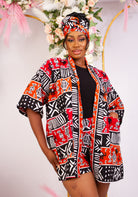 African Print outerwear | African print Jacket | Ankara kimono with headwrap| African Print Outerwear | Fall Fashion for African women | sustainable African Fashion | recycled African print clothing | Ethically sourced fashion | ethically sourced clothing | handmade clothing | African clothing for women | Ankara jacket | Tribal prints kimono | Floral African print clothing | Cotton Blazer | African print workwear | African clothing UK | Black-owned fashion brand | Kimono and Shorts set