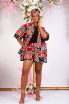 African Print outerwear | African print Jacket | Ankara kimono with headwrap| African Print Outerwear | Fall Fashion for African women | sustainable African Fashion | recycled African print clothing | Ethically sourced fashion | ethically sourced clothing | handmade clothing | African clothing for women | Ankara jacket | Tribal prints kimono | Floral African print clothing | Cotton Blazer | African print workwear | African clothing UK | Black-owned fashion brand | Kimono and Shorts set