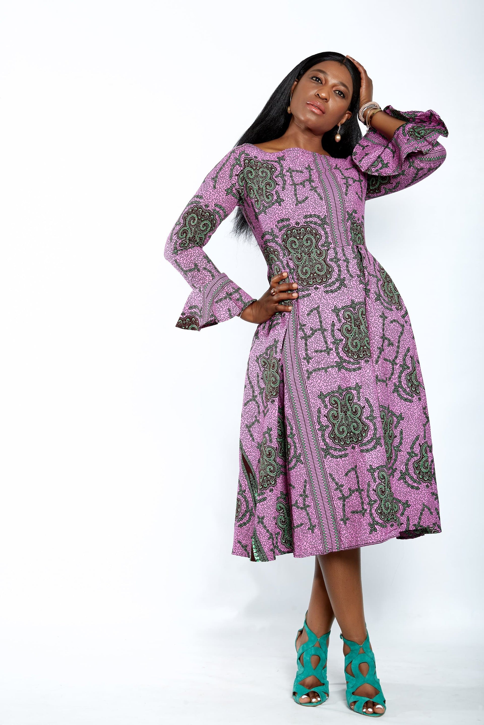 Safiyah African Print Flare Midi Dress in Long sleeves – CUMO LONDON