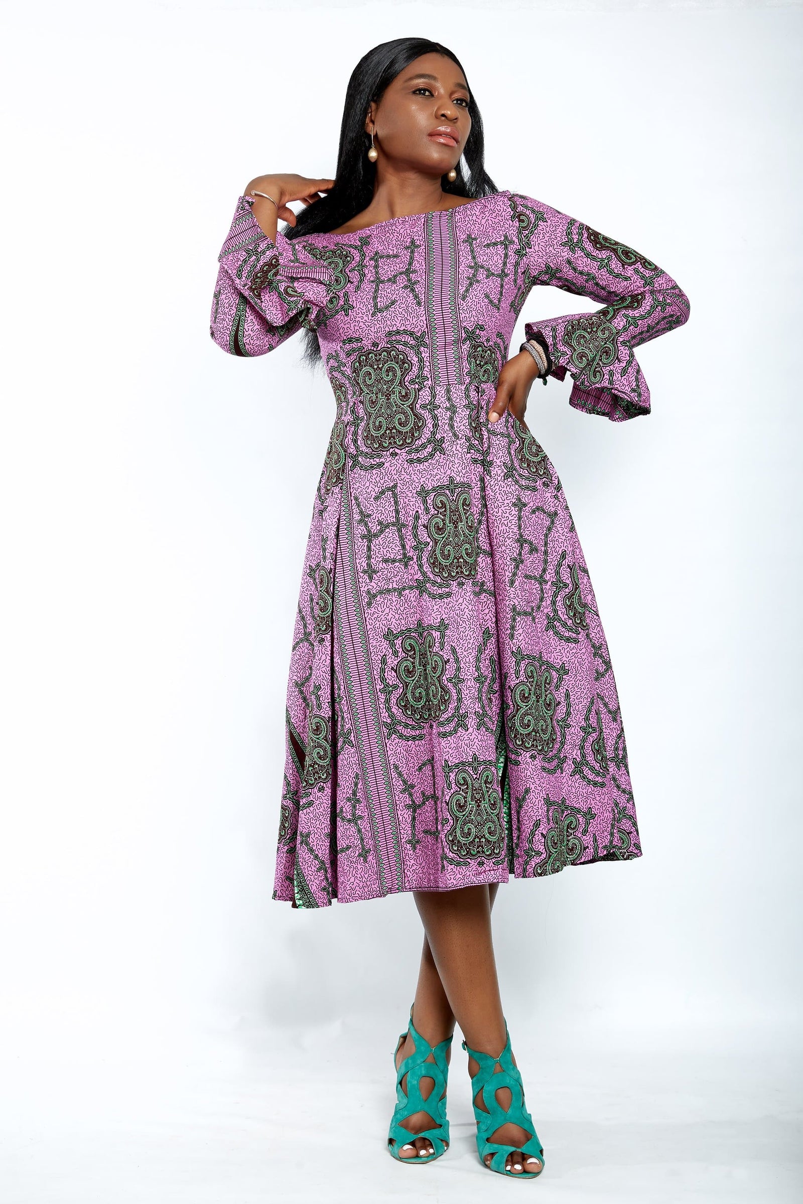 Safiyah African Print Flare Midi Dress in Long sleeves – CUMO LONDON