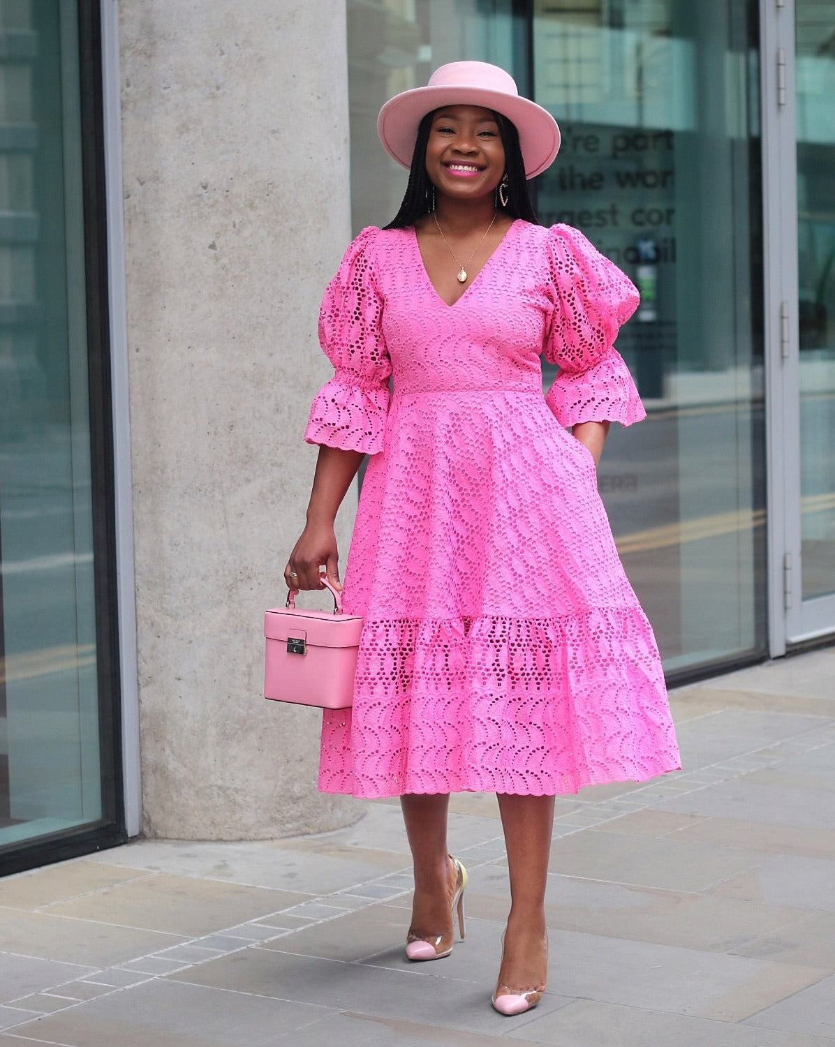 Pink Puff Sleeve Midi Summer Lace Dress Amarachi S