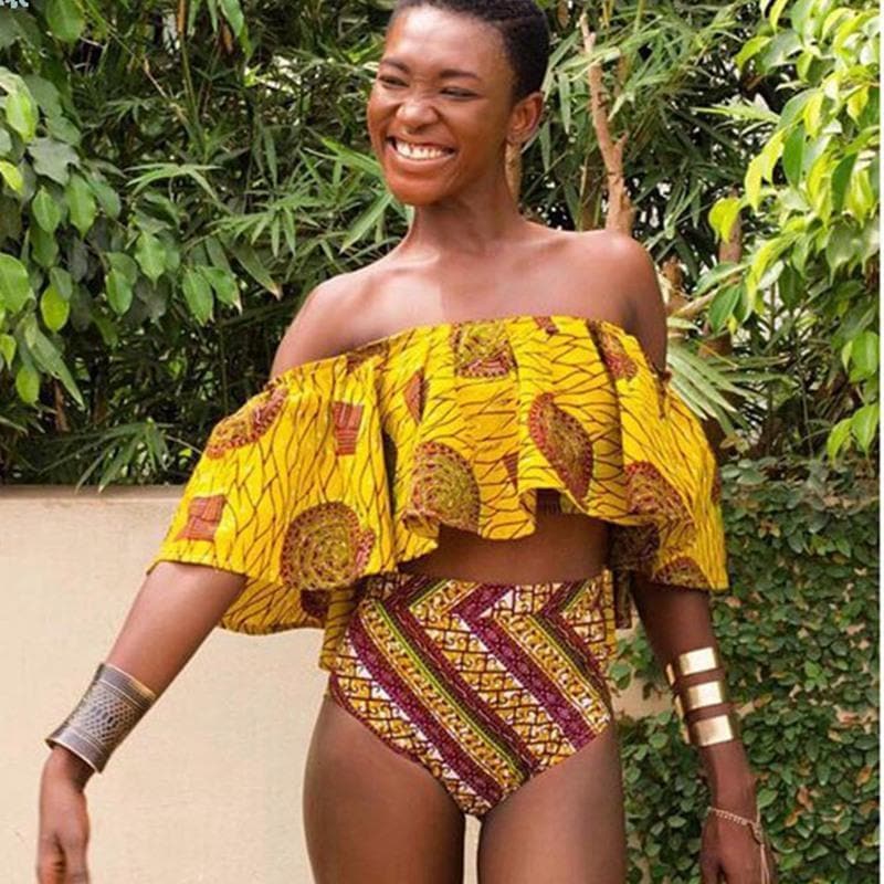 African print high waisted bikini off shoulder swimsuit CUMO LONDON